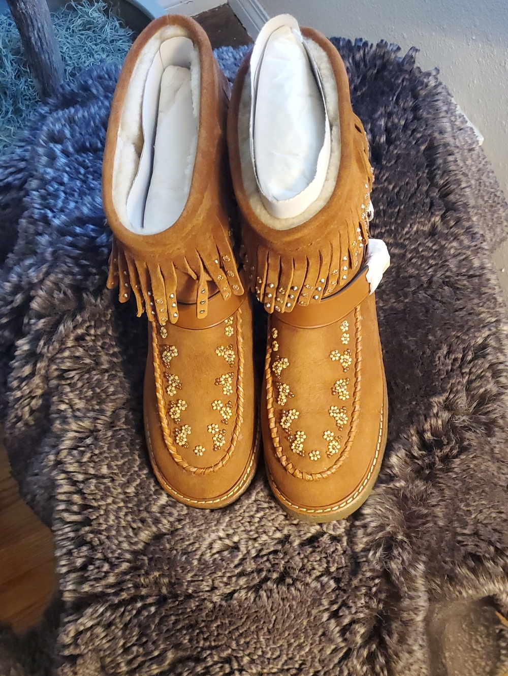 Coach Chestnut Suede Beaded Fringe Moccasins